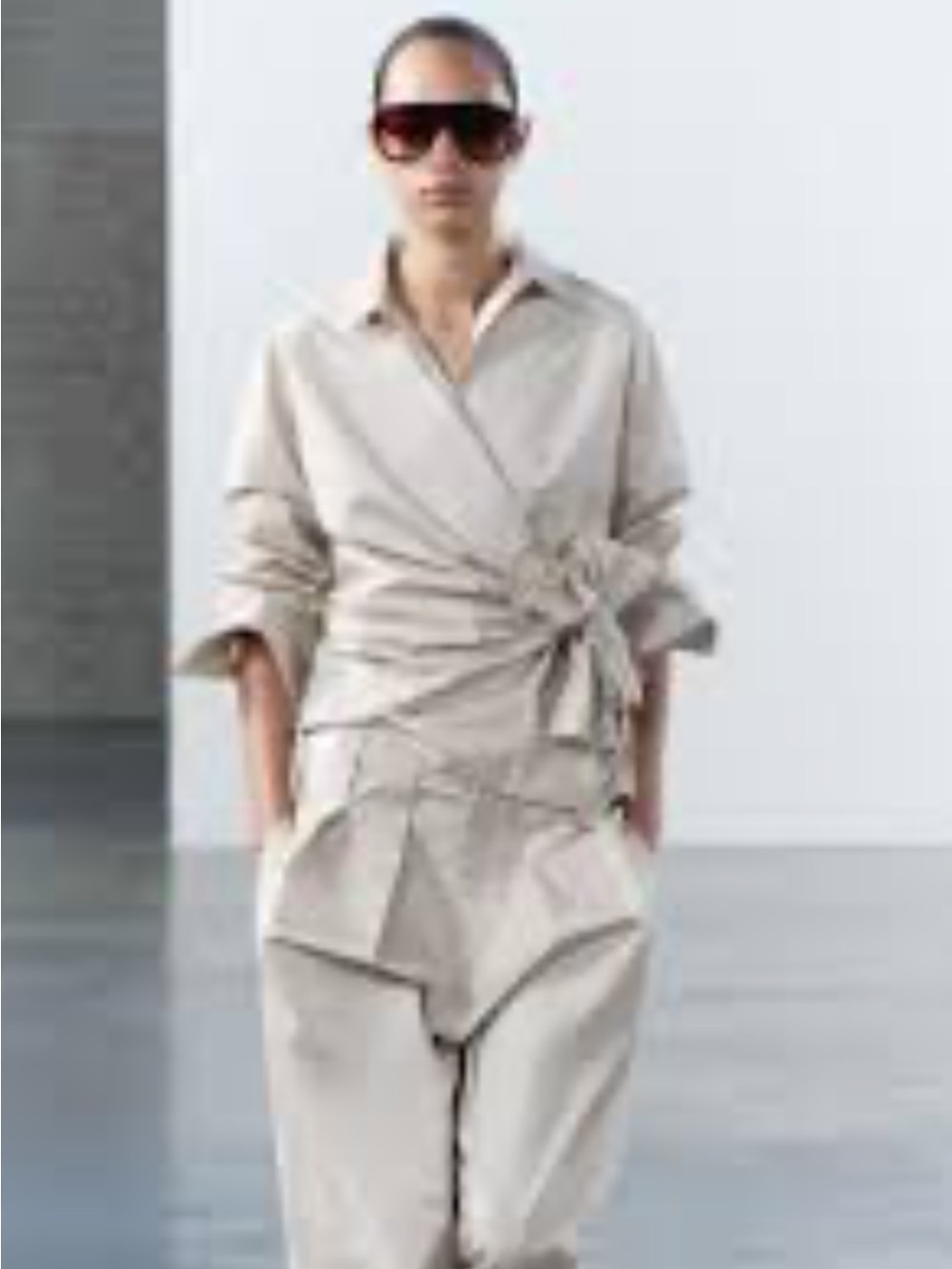Zara Wrap-Style Long Sleeve Top in Light Beige Size Small